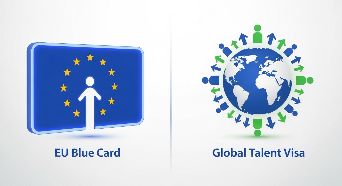 Professional illustration comparing EU Blue Card employment-based system with Global Talent Visa models showing job offer requirement versus self-petition pathways for high-skill professionals