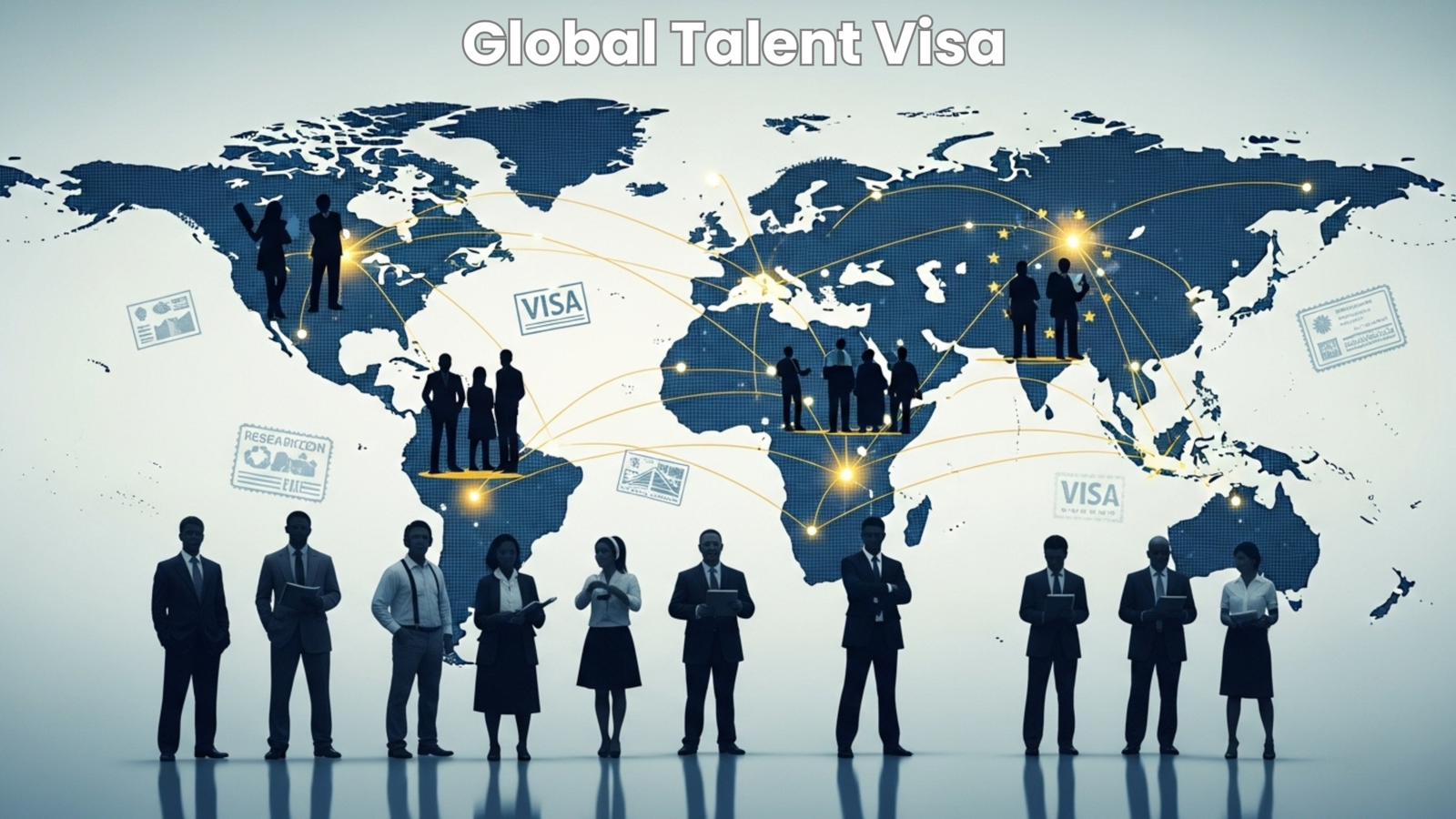 Global Talent Visa pathways connecting United States, United Kingdom, Australia and European Union with diverse professionals including researchers, engineers and entrepreneurs pursuing merit-based immigration opportunities in 2026