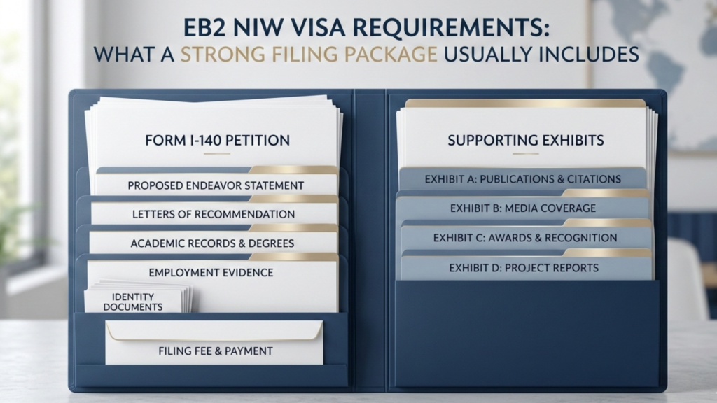 Checklist infographic showing the documents usually included in a strong EB2 NIW filing package